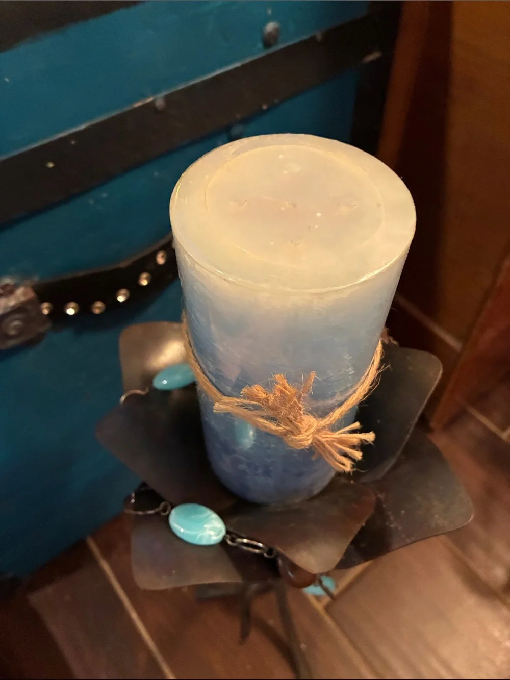 Decorative Blue Pillar Candle Holder with Turquoise Accents